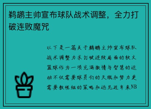 鹈鹕主帅宣布球队战术调整，全力打破连败魔咒